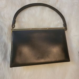 Vintage 1950s black real leather metal clasp purse